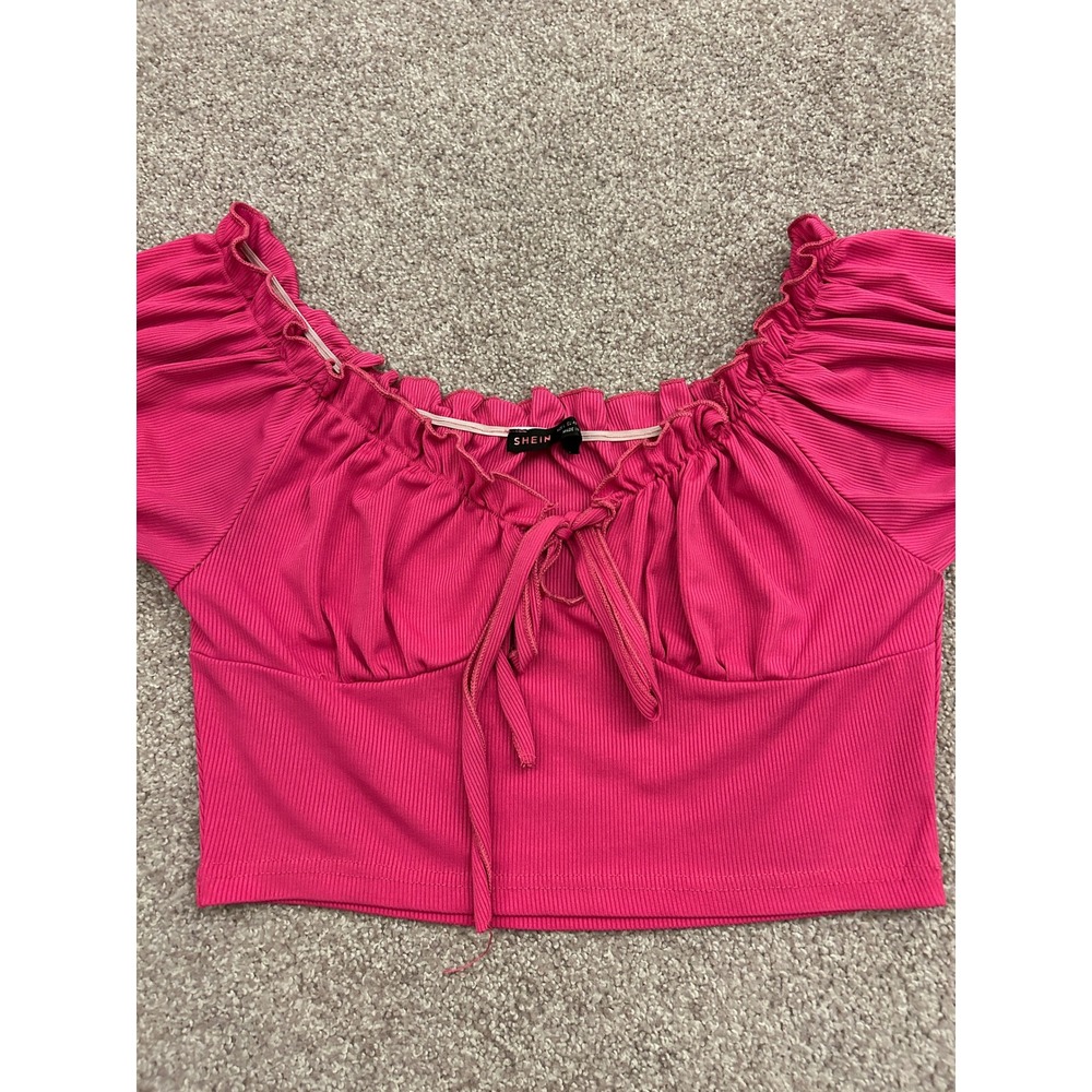 SHEIN Crop Top Womens Large Pink Excellent Ribbed Tie Front Puff Sleeve Ruffle - Picture 3 of 11
